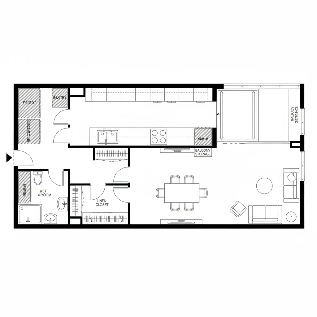 Top-down CAD plan with linear kitchen on service wall and balcony acting as a thermal buffer.