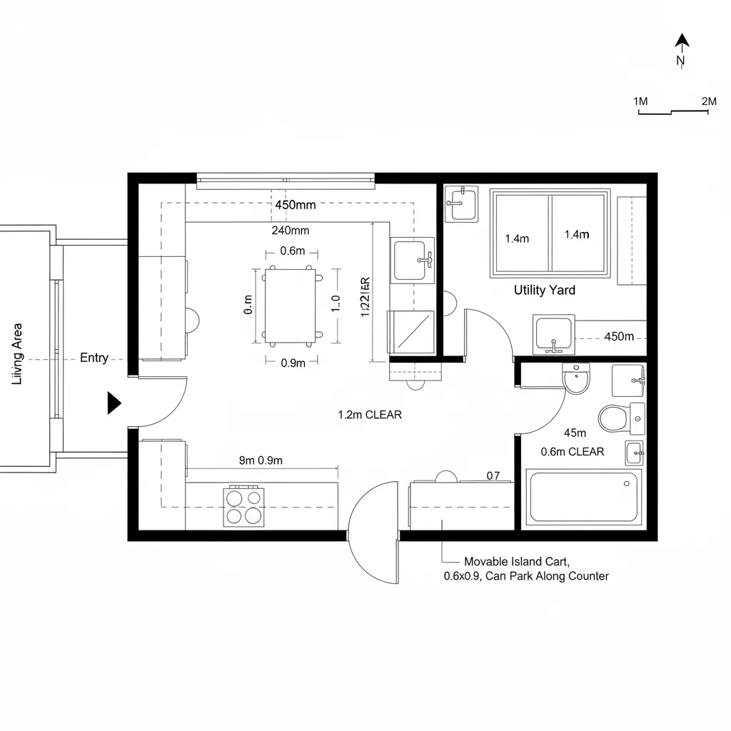 Service Triangle: Kitchen, Bath, Utility Aligned