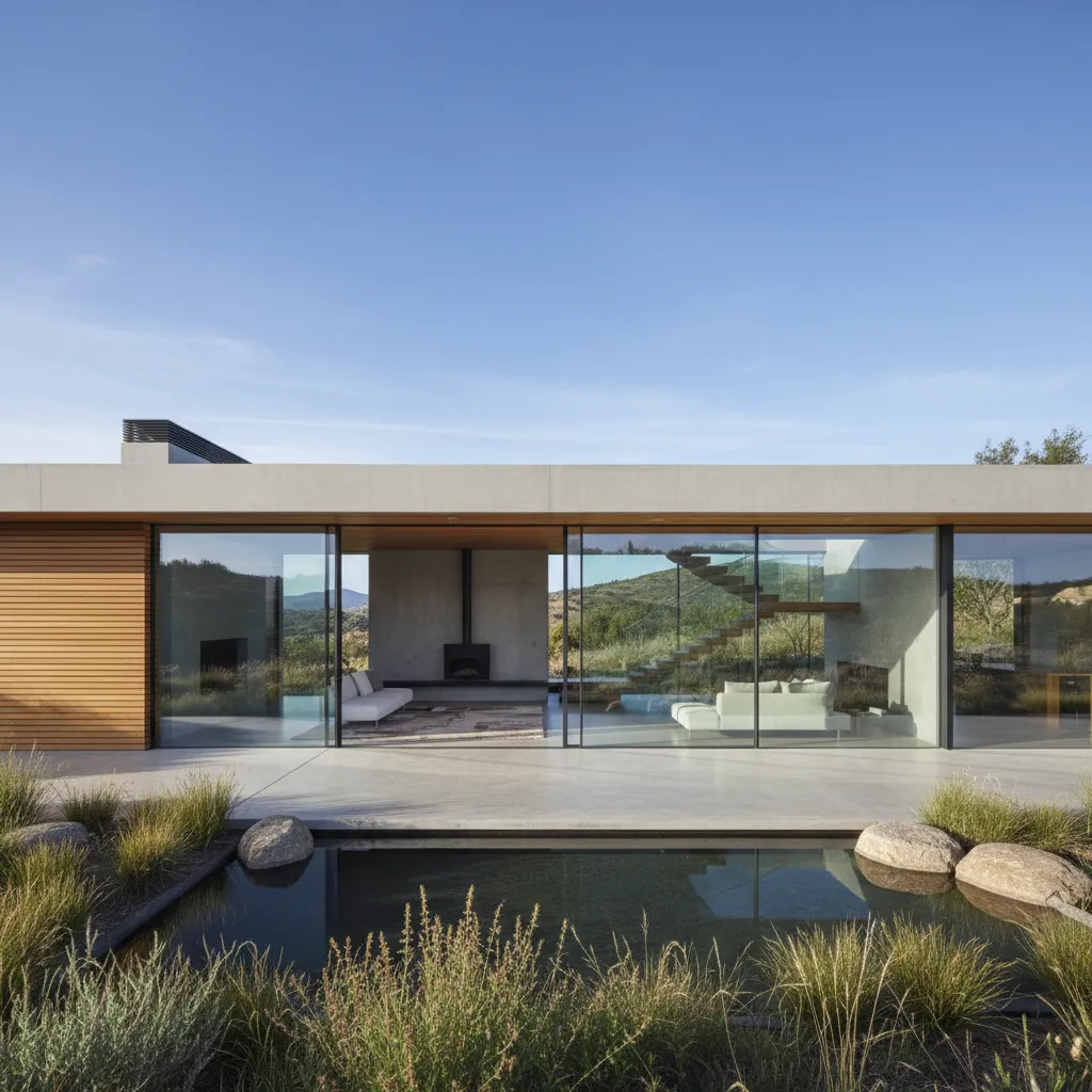 Modern home with large glass windows facing a pond with green hills in the background