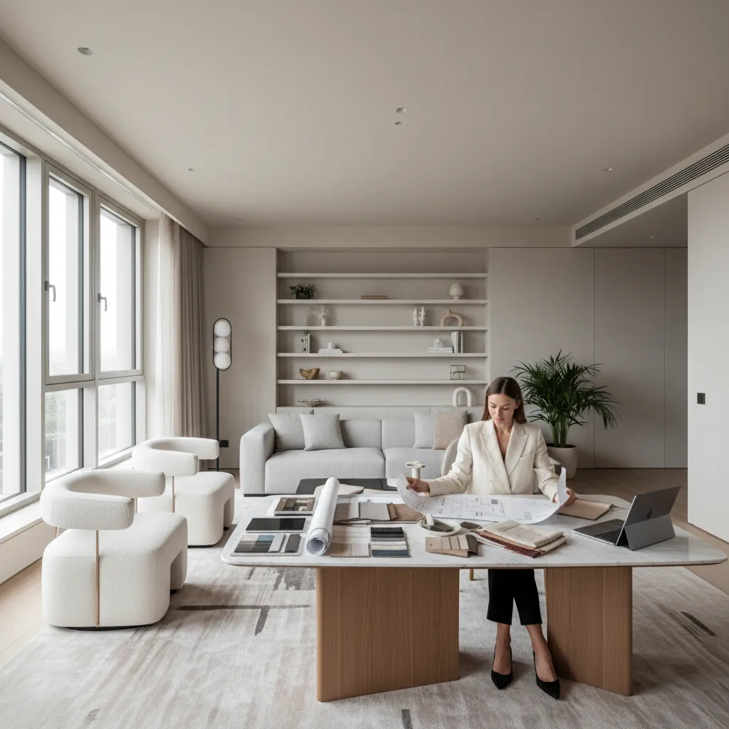 Professional designer reviewing house floor plans on marble table with samples in modern living room