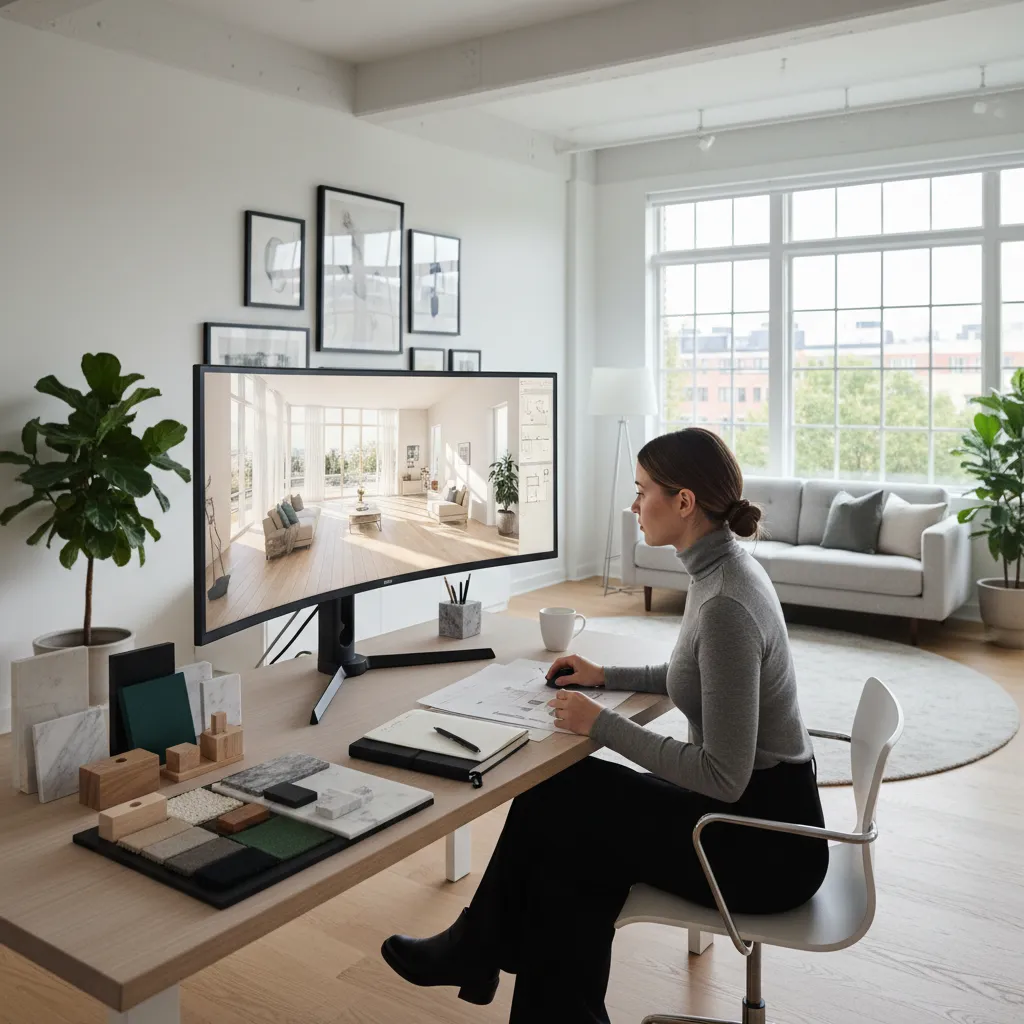 Woman designer working on curved monitor showing interior design drawing with material samples on desk