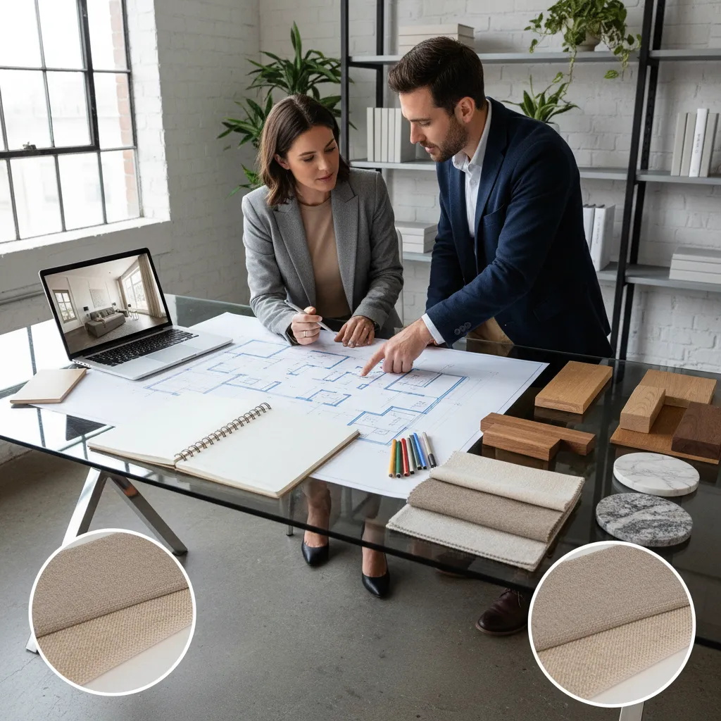 Diseñador mostrando planos de interiorismo a un cliente en una mesa de trabajo
