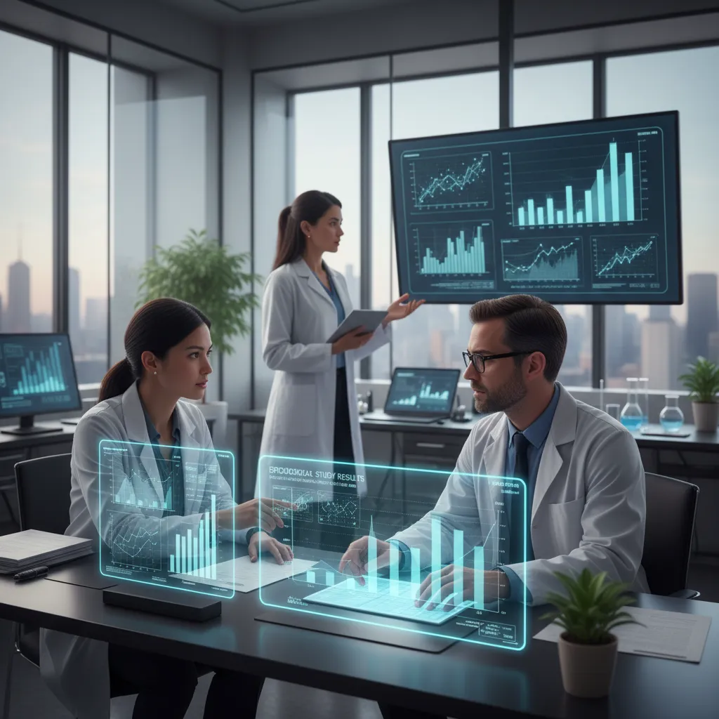 Researchers in an office viewing blue digital charts on a desk with large city windows