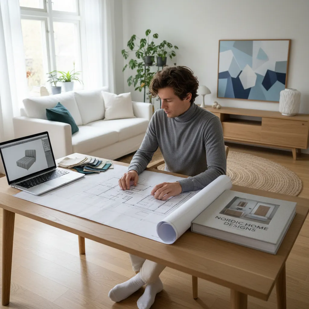 Persona planificando la distribución de una sala con planos y portátil