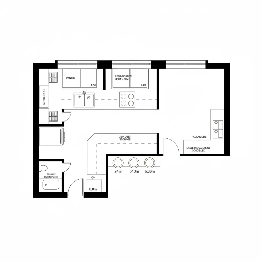Top-down CAD plan of peninsula kitchen with radio niche and clear work triangle