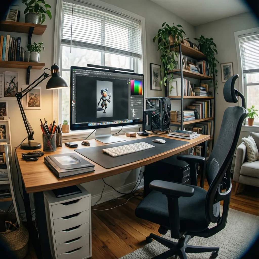 Espacio de trabajo organizado para diseñador gráfico con monitor grande y buena iluminación