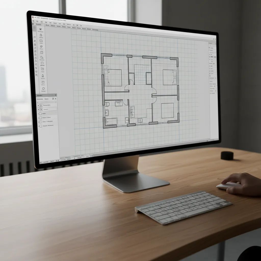 Computer screen on wooden desk showing room layout with grid lines and interior design drawing