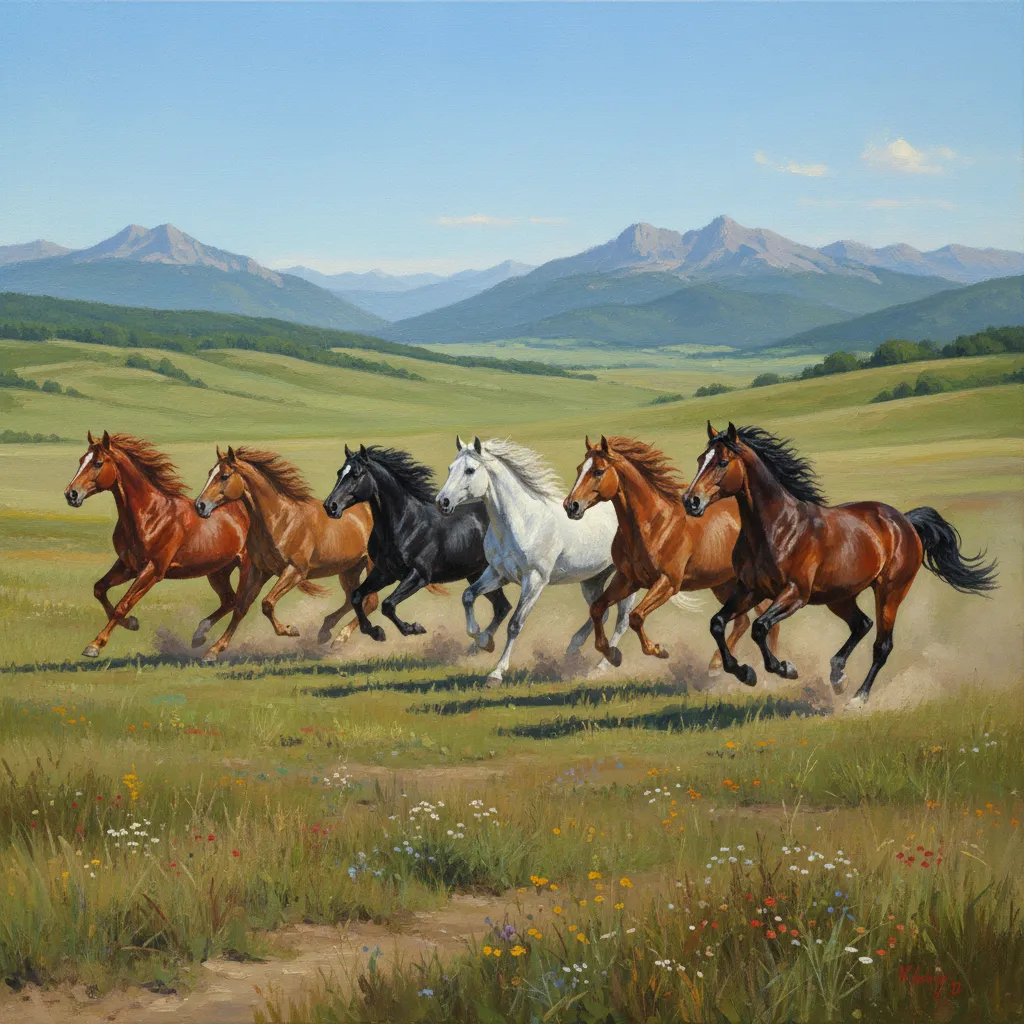 Seven horses painting showing unified forward running direction