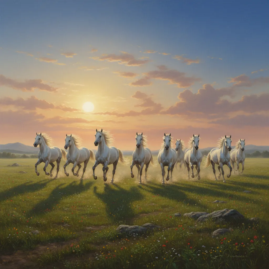 Seven horses painting with bright sky and sunrise tones