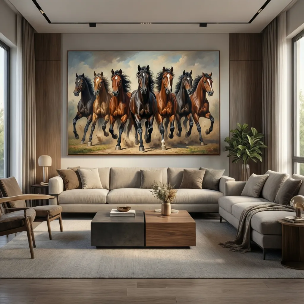 Best Placement Optimization for 7 Running Horses Painting in Different Rooms: How to place a seven horses painting in living rooms, bedrooms, and workspaces to strengthen prosperity and positive energy