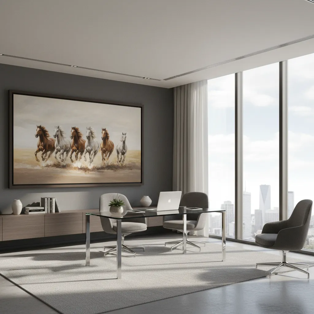 How Businesses and Offices Use 7 Horses Paintings for Success and Growth: Why entrepreneurs, startups, and corporate offices place seven running horses paintings for prosperity, momentum, and leadership energy.