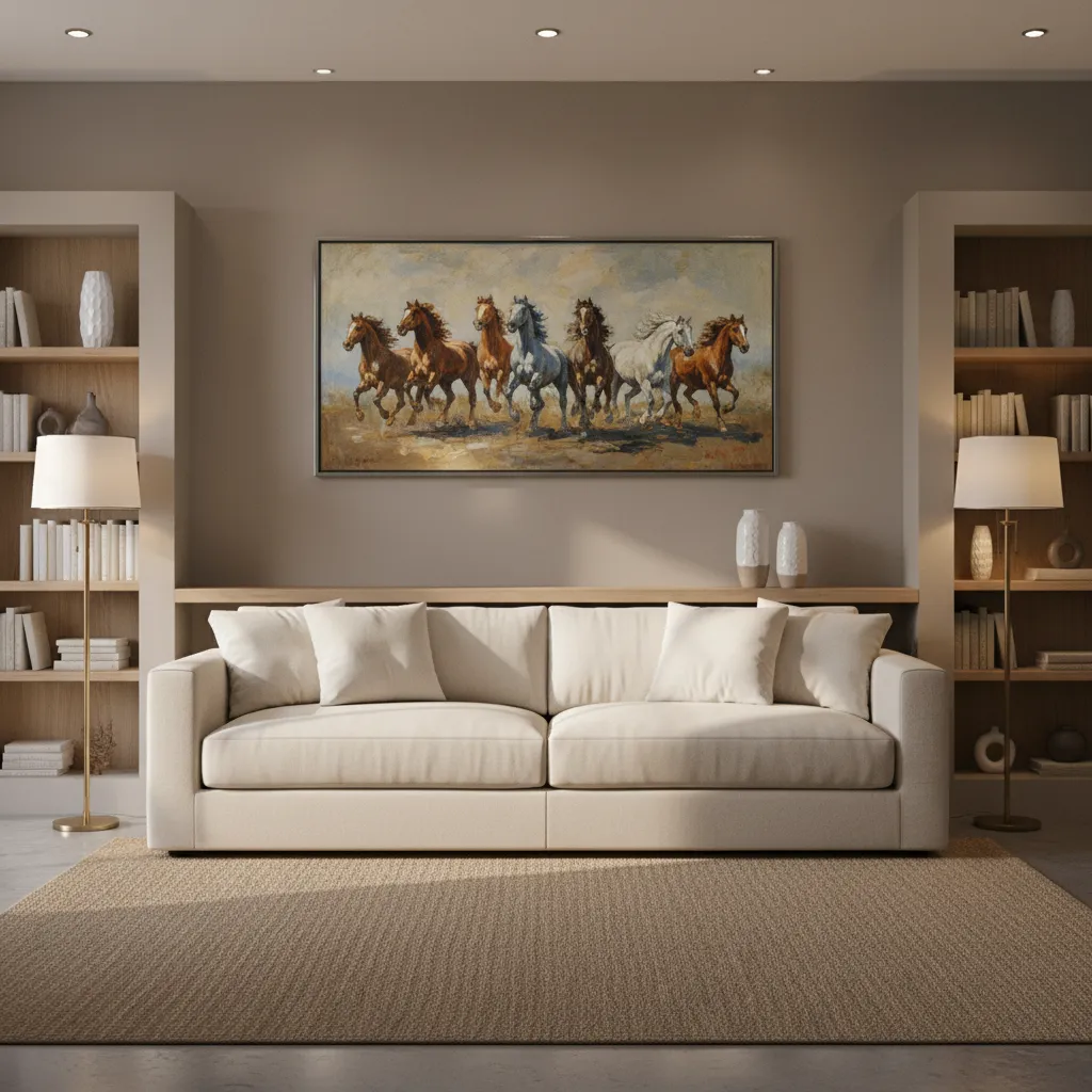 Interior wall layout showing proper size for seven horses painting above sofa
