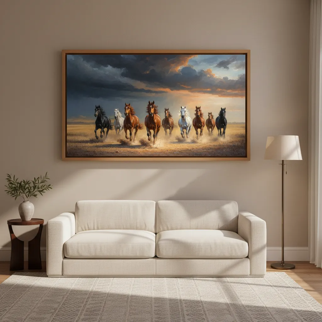 seven running horses wall painting symbolizing success and prosperity