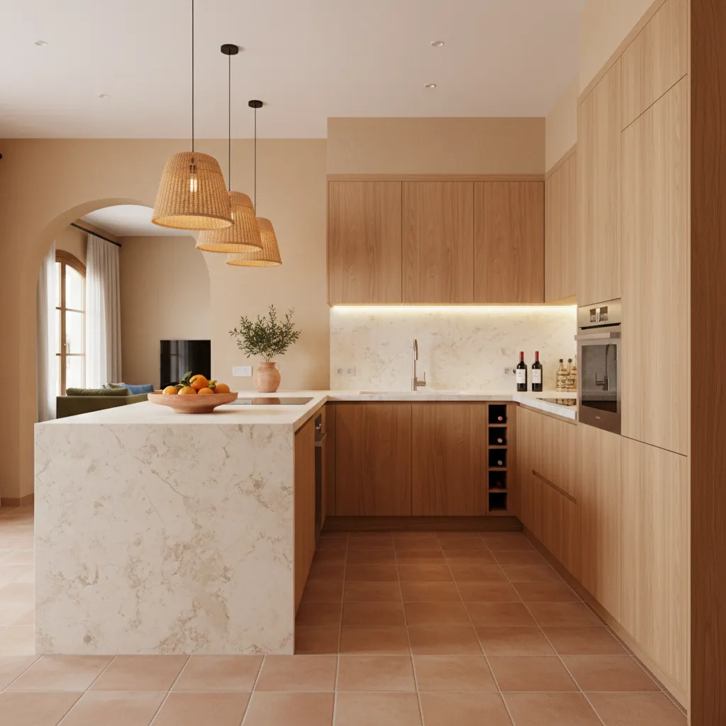 Cocina moderna en apartamento sevillano con diseño abierto y materiales naturales