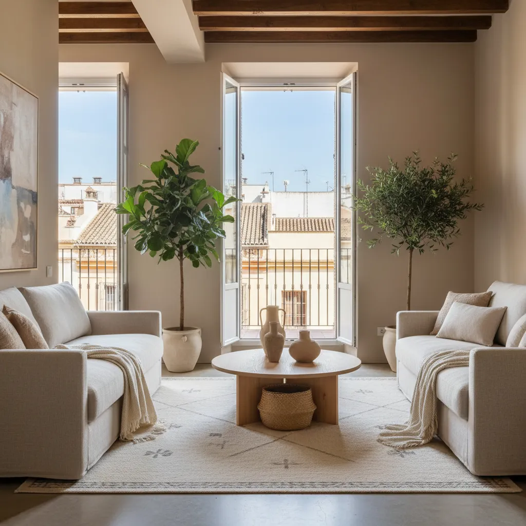 Salón luminoso de un piso en Sevilla con diseño interior moderno y tonos neutros