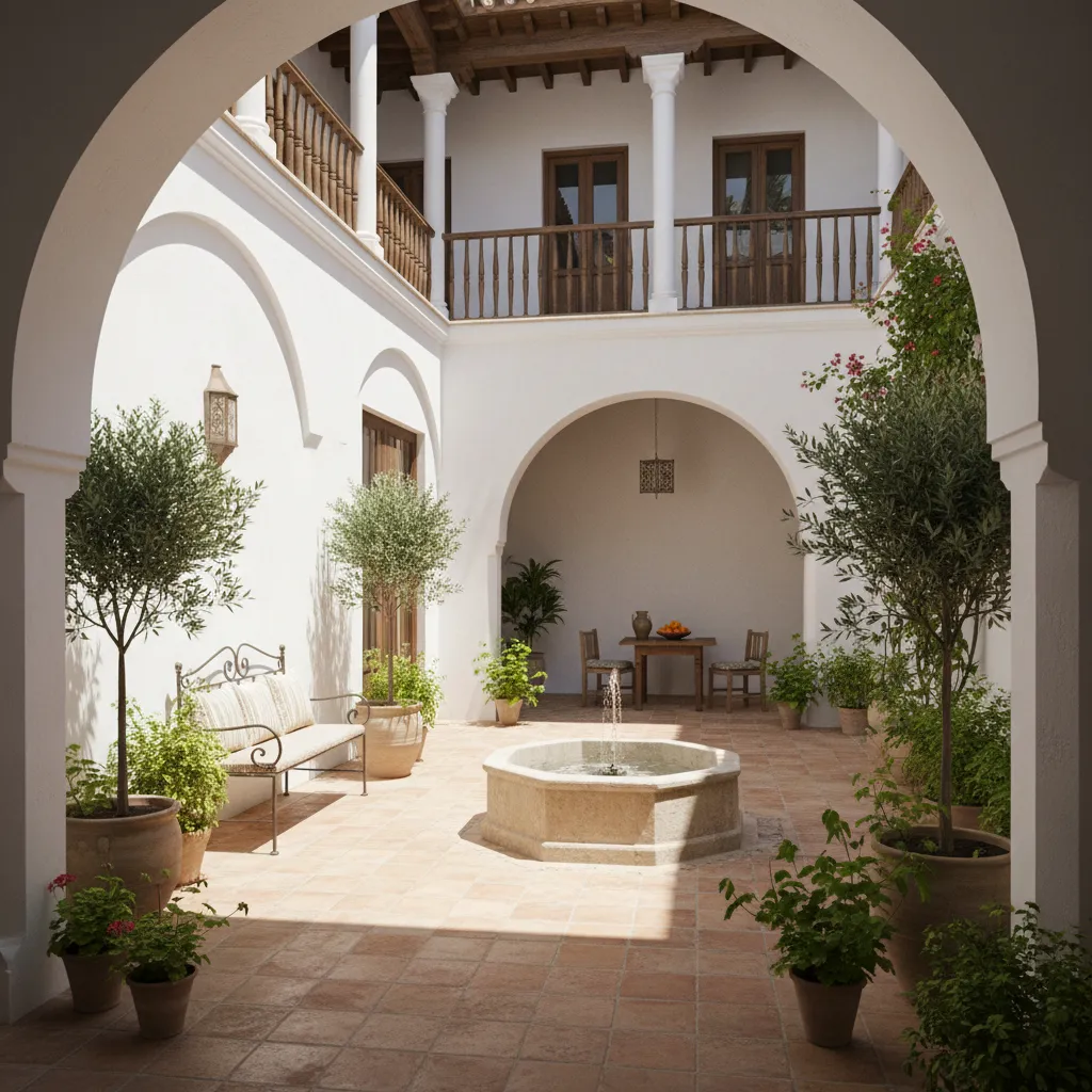 Patio interior andaluz con plantas y paredes blancas que iluminan la vivienda