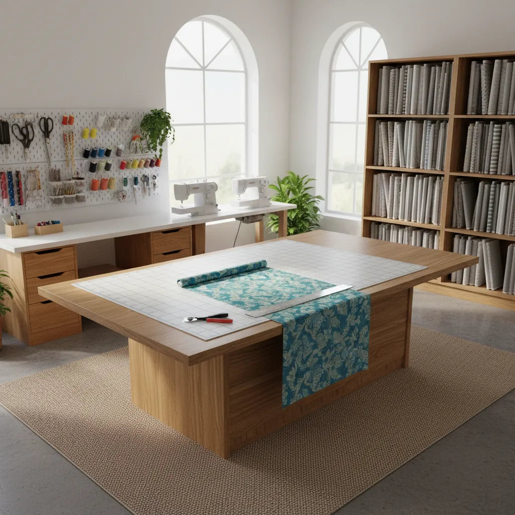 fabric cutting table zone with fabric storage nearby in sewing room