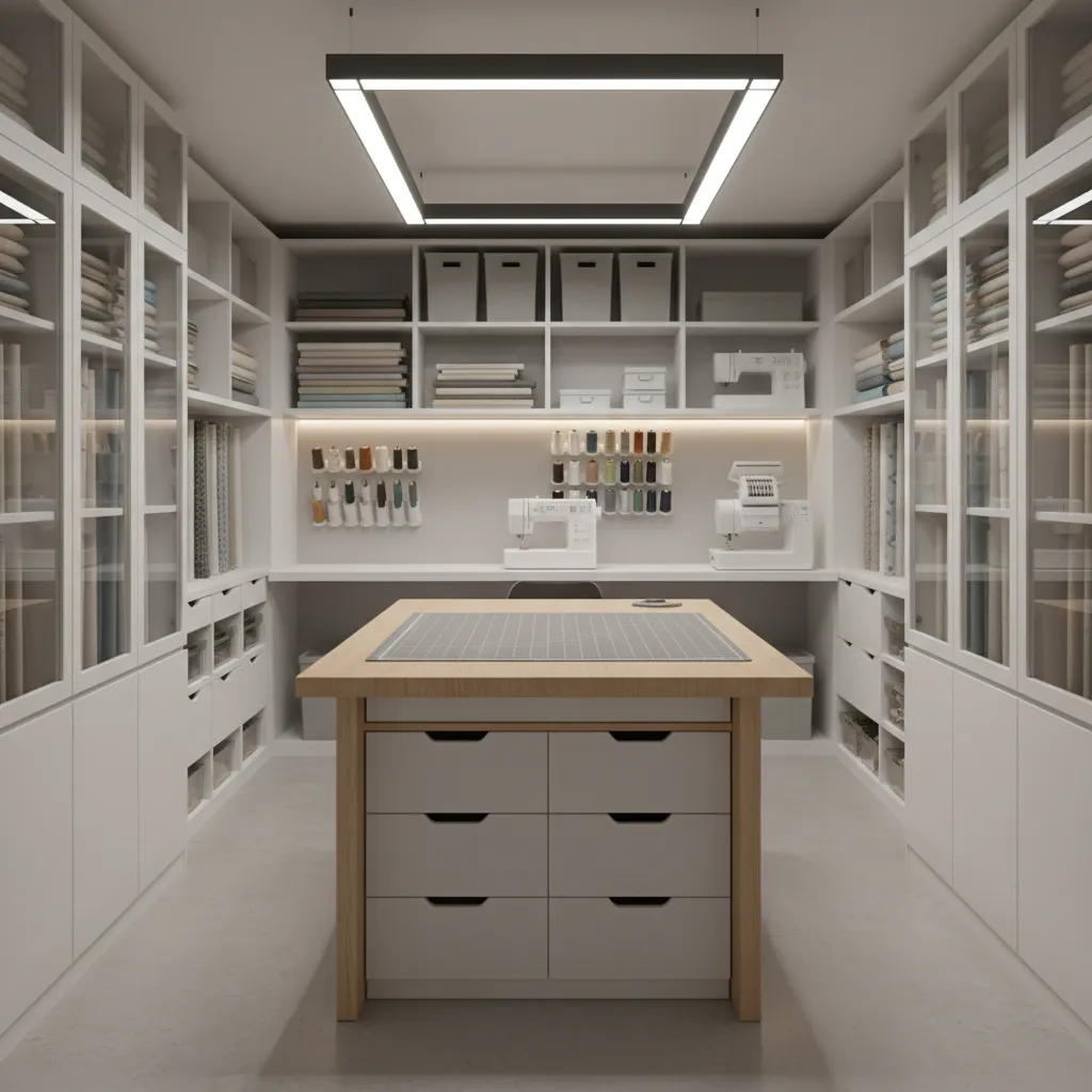 small sewing room with central cutting island table and wall sewing station