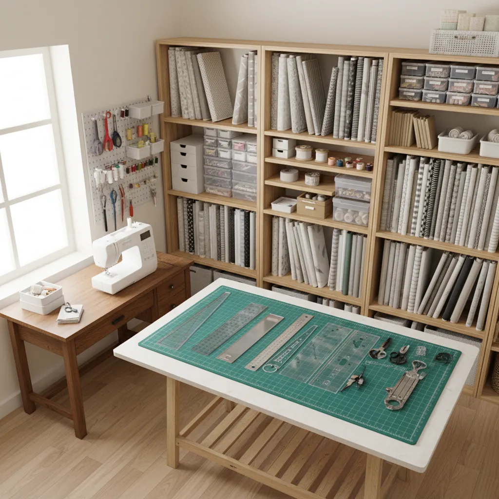 small sewing room layout showing cutting table next to sewing machine
