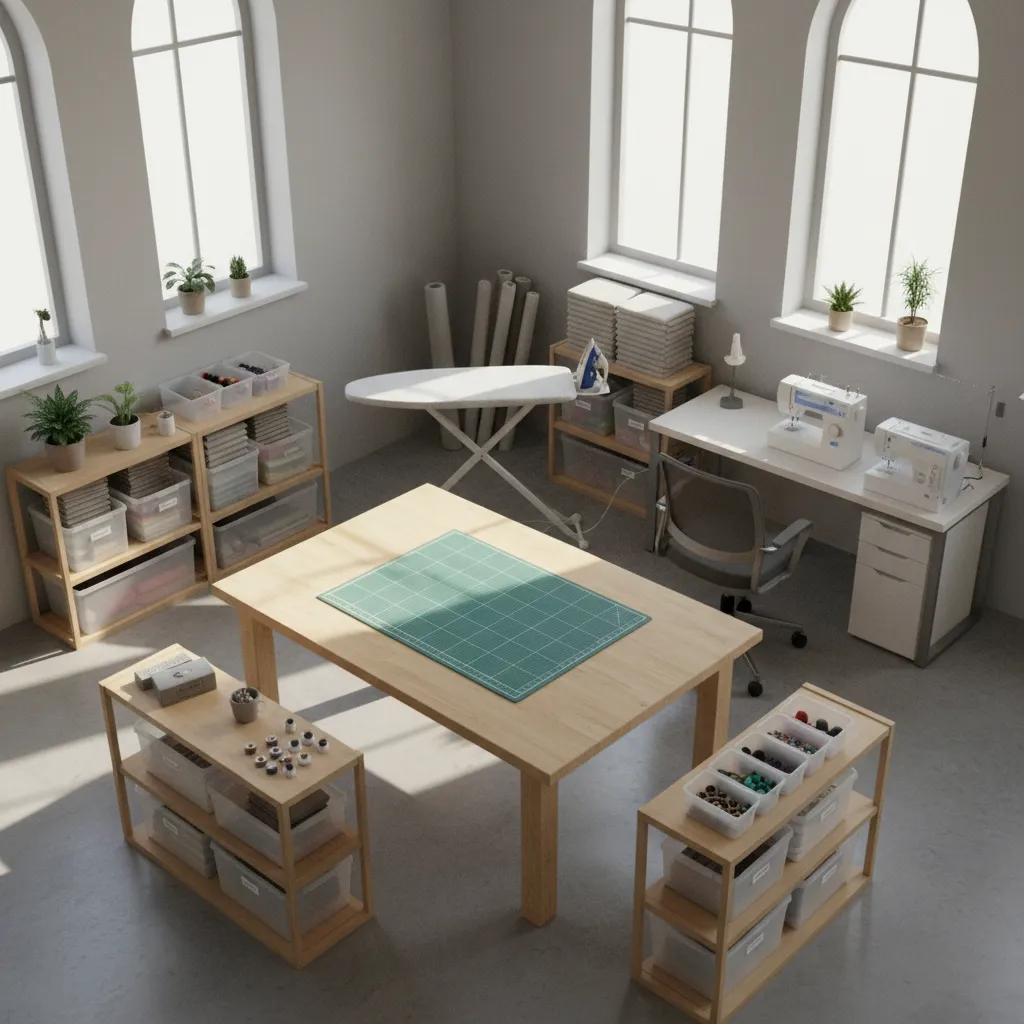 sewing room triangle workflow layout with cutting sewing and pressing zones