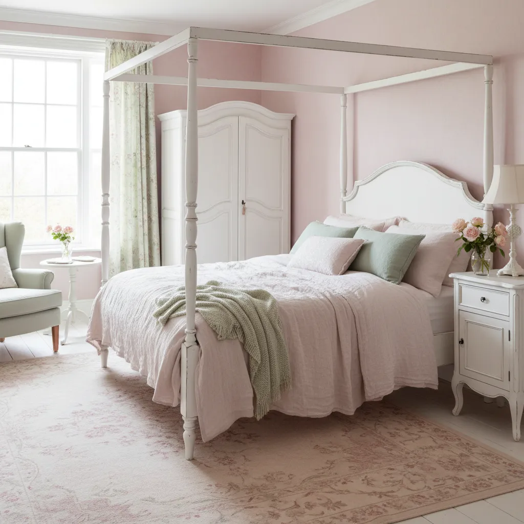 Habitación shabby chic con paleta blanca y tonos pastel suaves