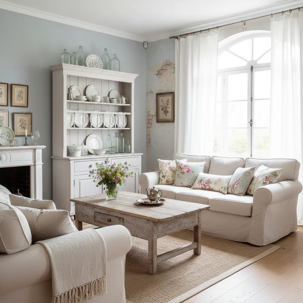 Salón shabby chic con muebles vintage blancos y decoración floral suave