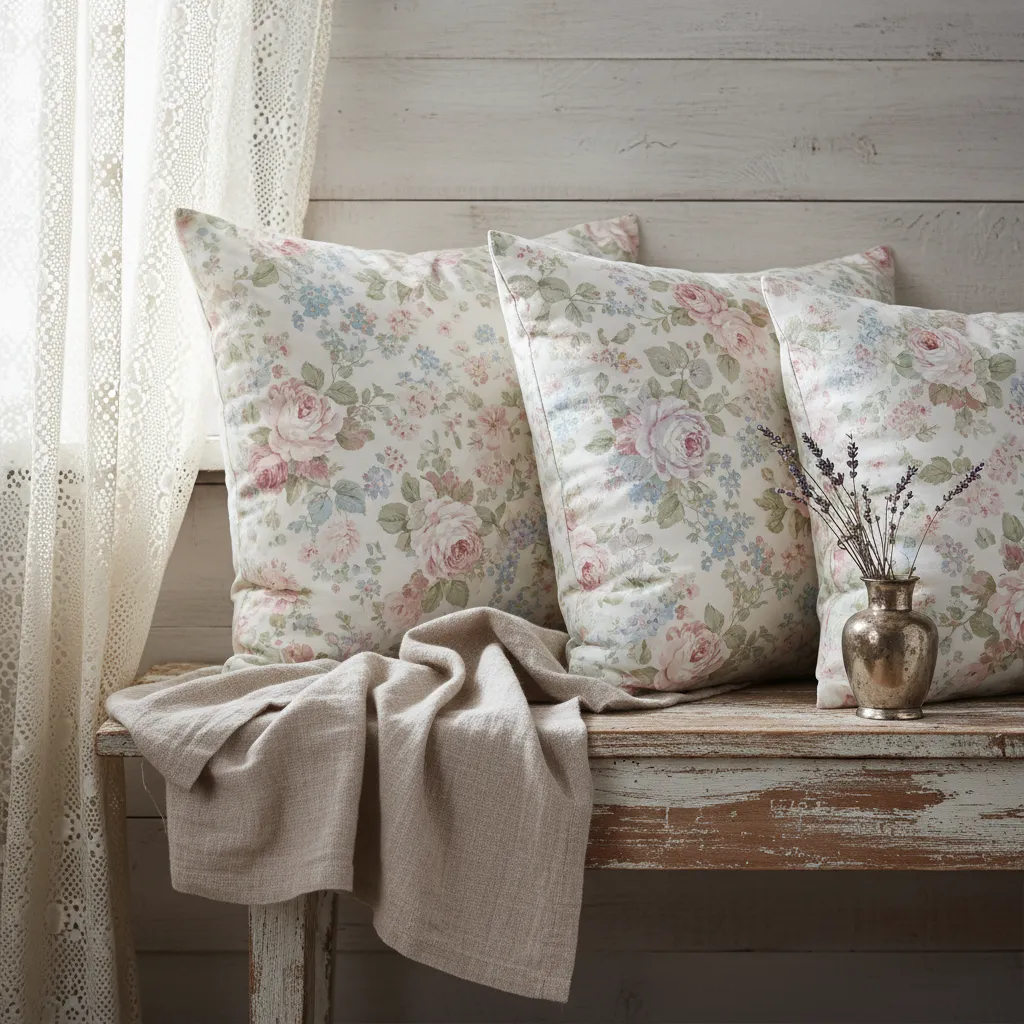 Detalle de textiles shabby chic con lino, encaje y estampados florales suaves