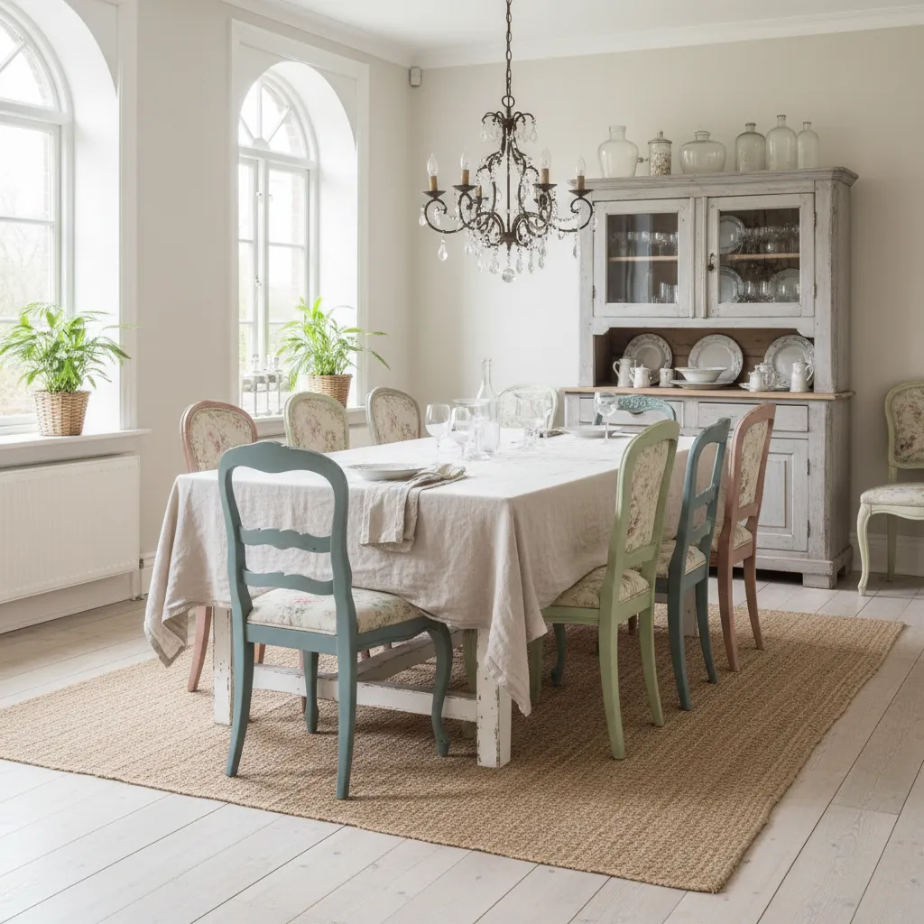 Muebles vintage restaurados con acabado envejecido en un comedor shabby chic