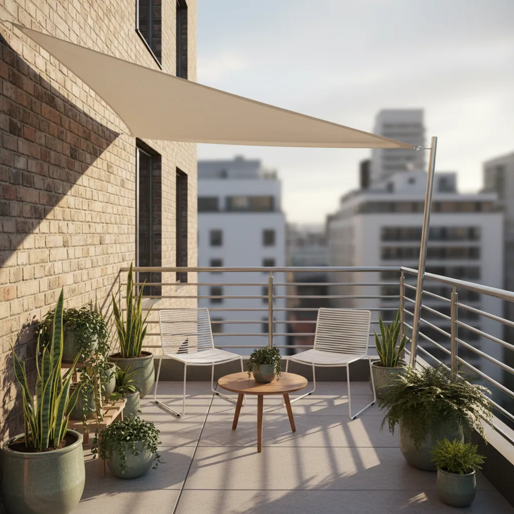triangular shade sail installed over a small balcony