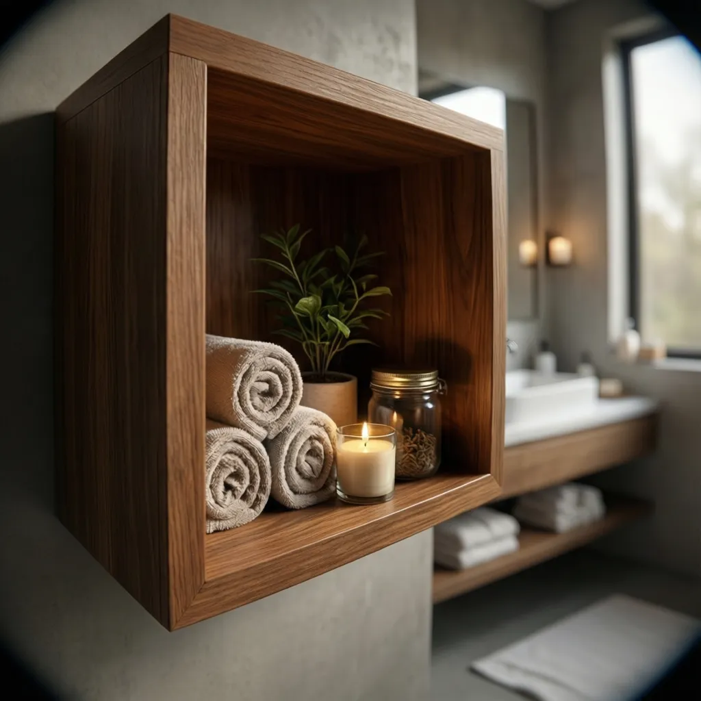 Shadow box bathroom decor with towels candles and plants