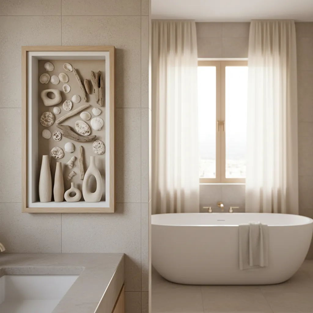 bathroom shadow box decor matching neutral color palette and coastal theme