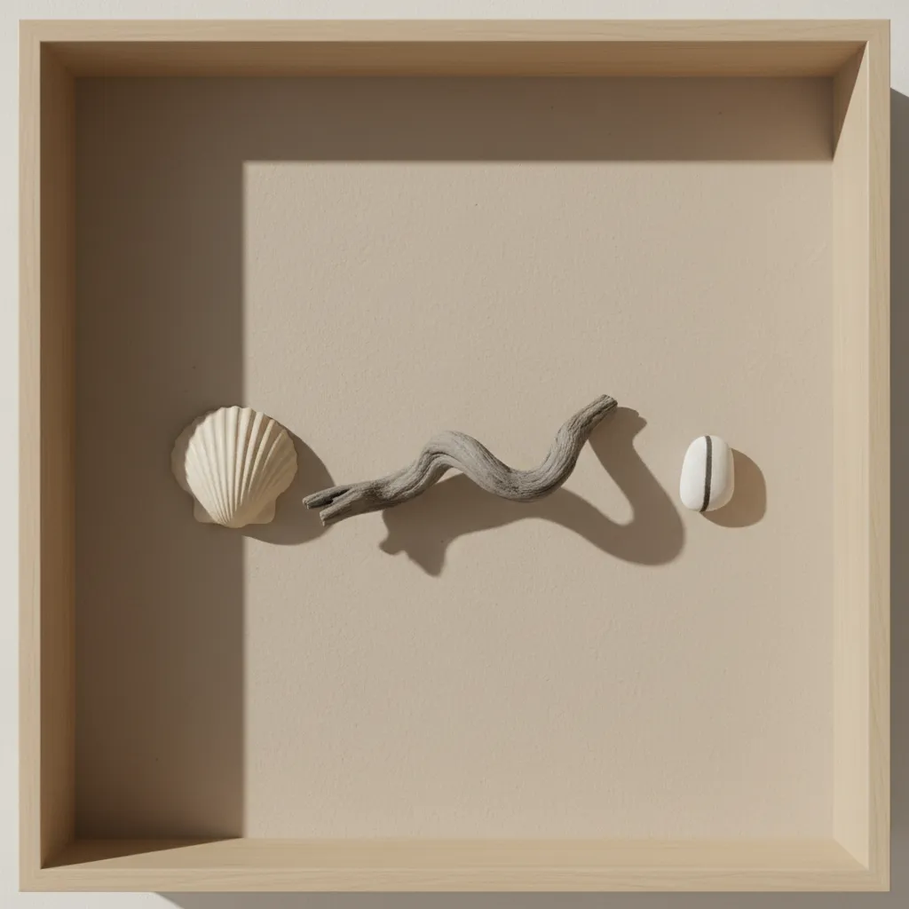 minimalist shadow box with three objects and negative space