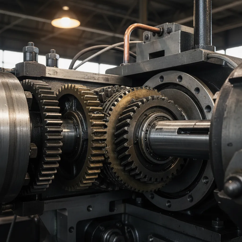 Eje de transmisión mecánico conectado a engranajes dentro de una máquina