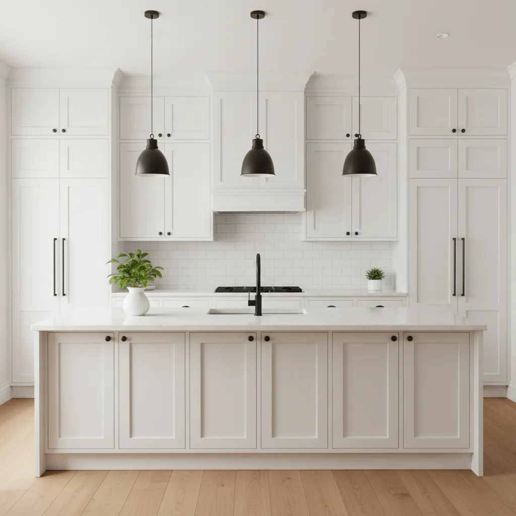 Modern kitchen with white shaker cabinet doors and minimal hardware