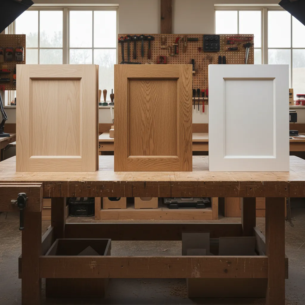 comparison of shaker cabinet door materials including wood and MDF