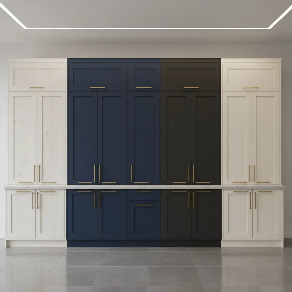 Different shaker cabinet finishes including oak navy and white