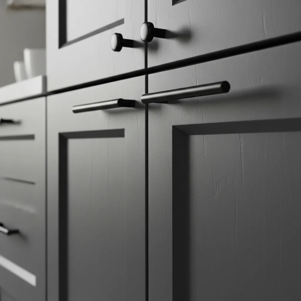 Close view of shaker cabinet doors with modern bar pull hardware