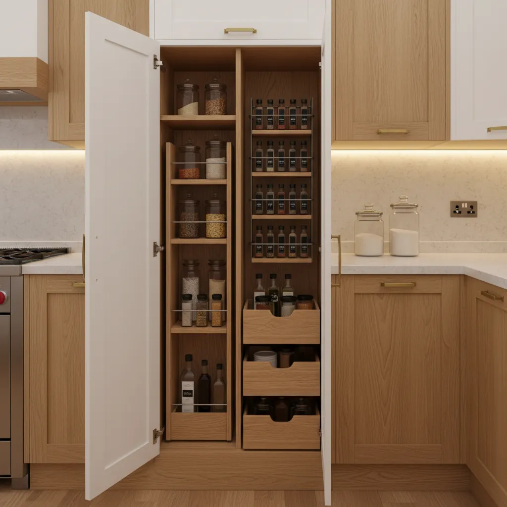 Kitchen shaker cabinet with pull out storage organizers