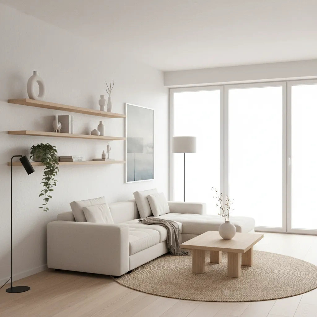 shallow decorative bookshelf in small apartment living room