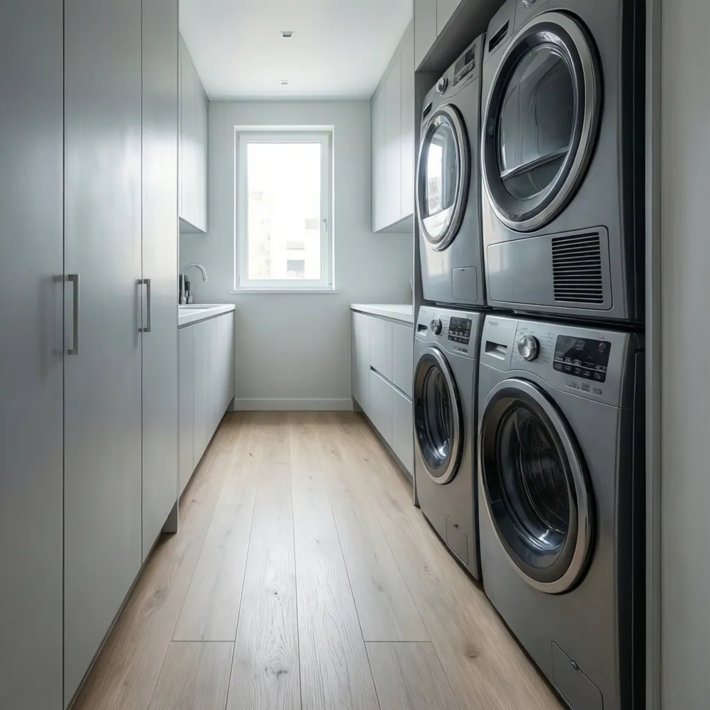 Shallow depth washer dryer layout in a narrow laundry space