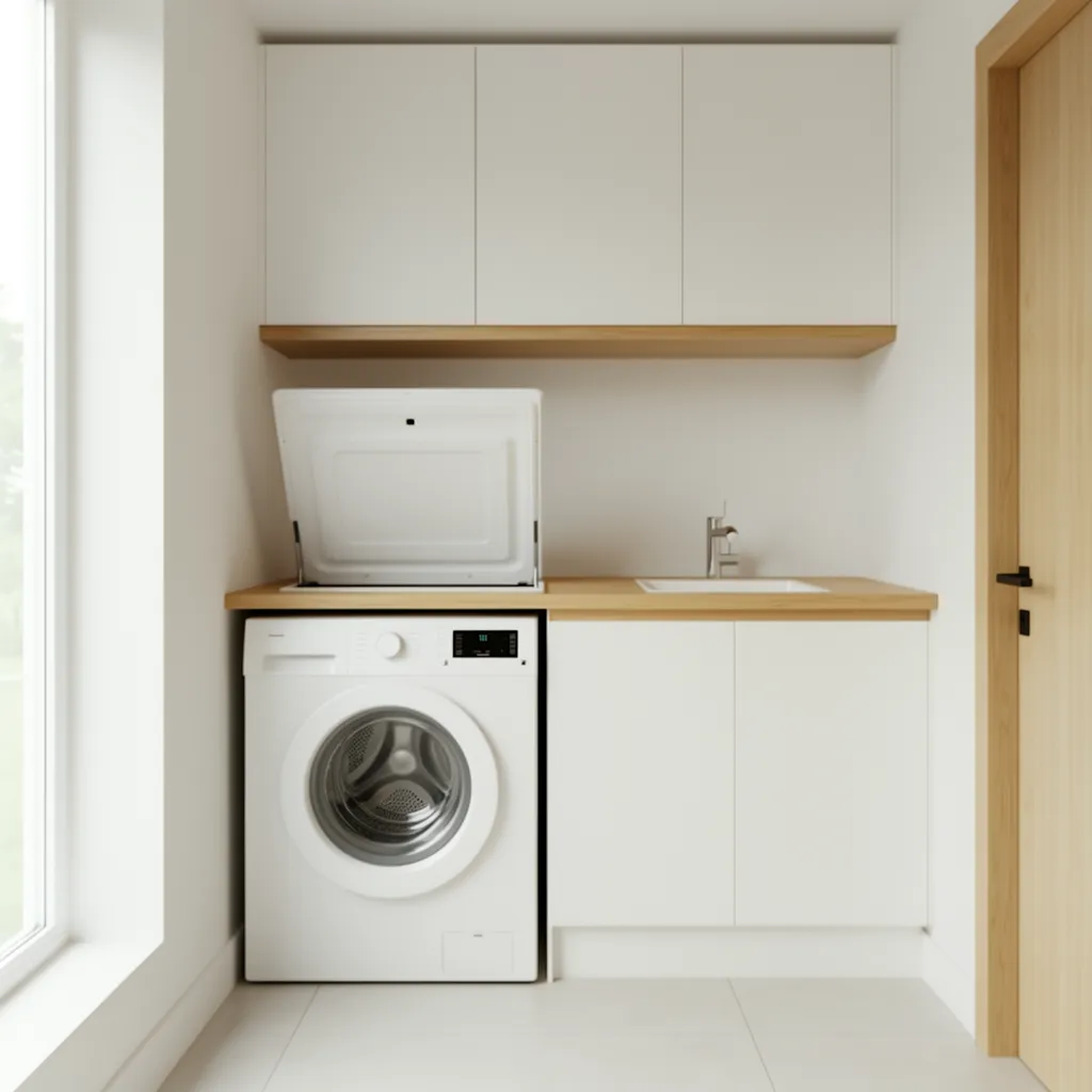 Laundry room with shallow cabinets above a top loading washer