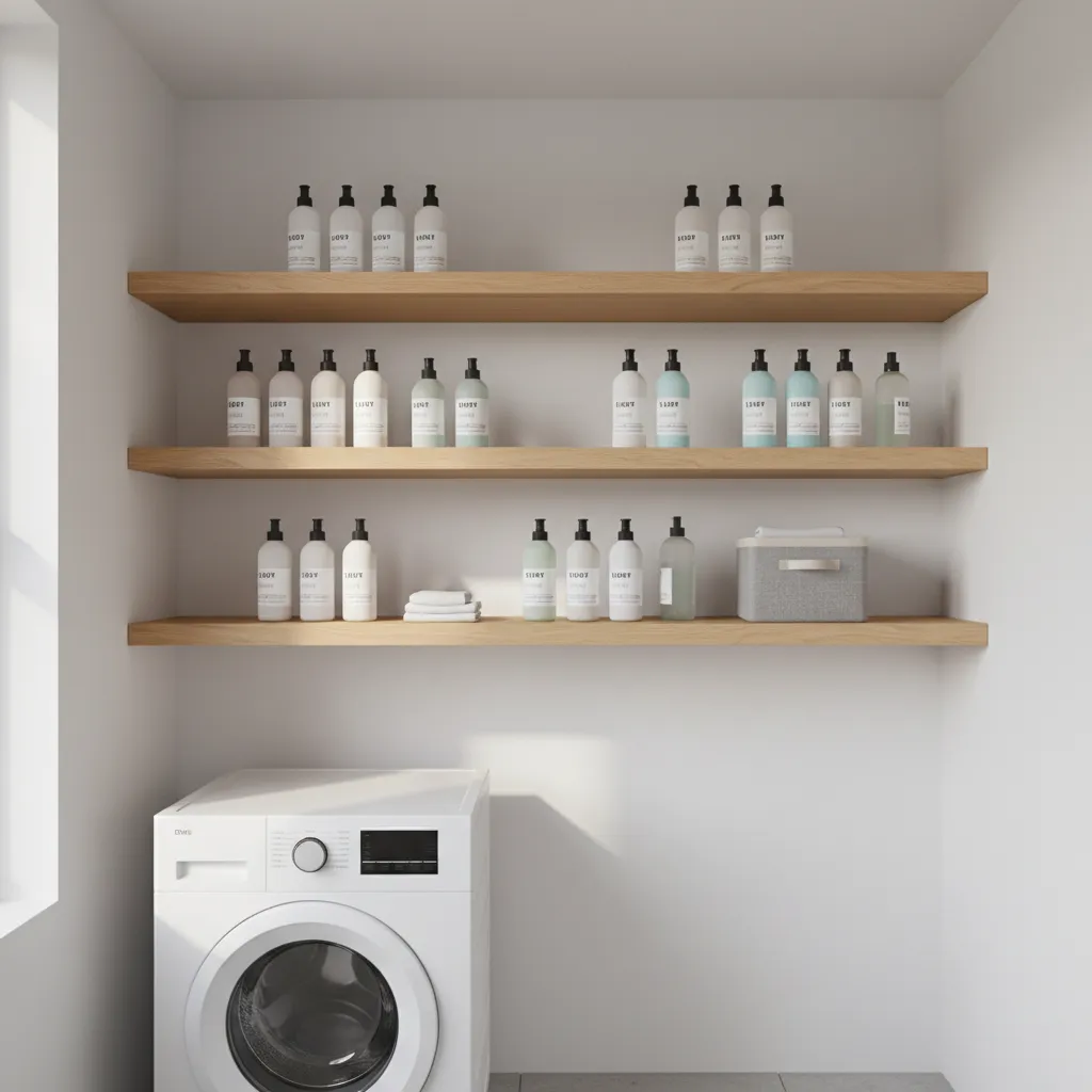 Shallow wall shelves holding detergent bottles in compact laundry room