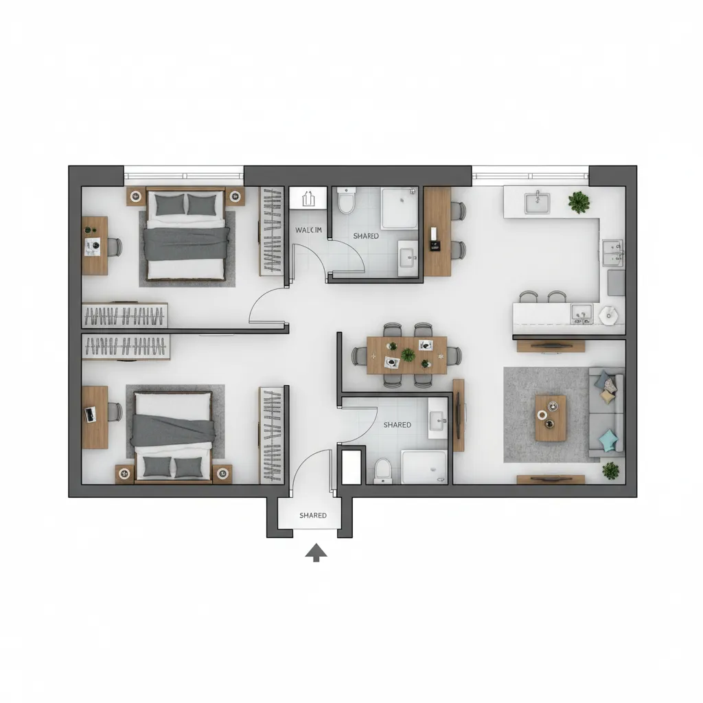 Simple shared apartment layout plan showing bedroom and common space