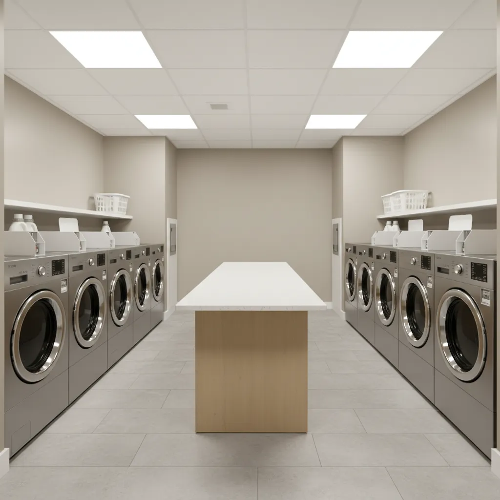 Clean shared apartment laundry room with washers dryers and folding area