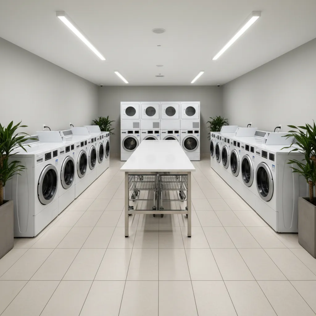 Shared apartment laundry room with multiple machines and clear open space