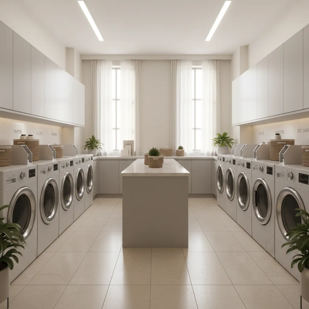 Large laundry room with two rows of washing machines facing a central island and windows