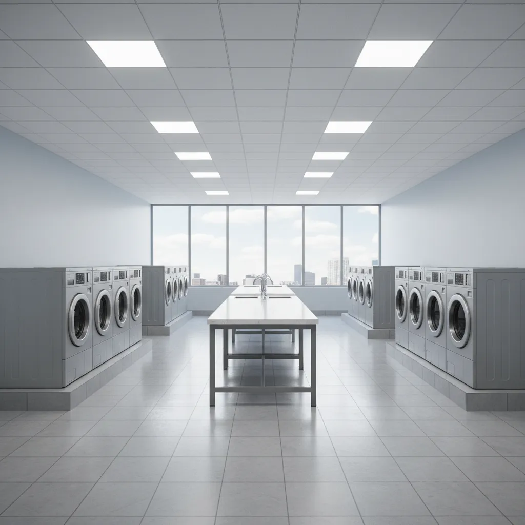 Bright shared apartment laundry room with visible washing machines and folding tables