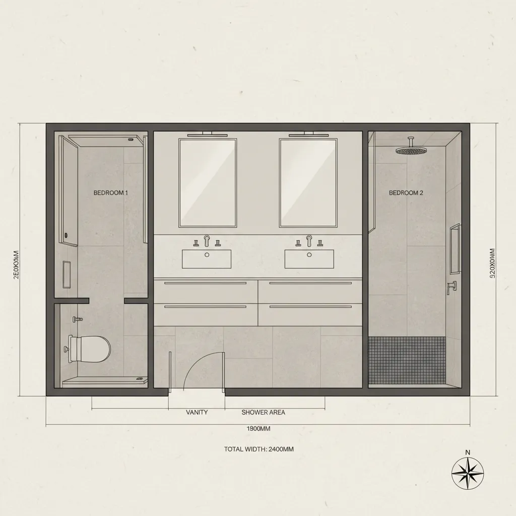 shared bathroom with two doors connecting adjacent bedrooms floor plan style