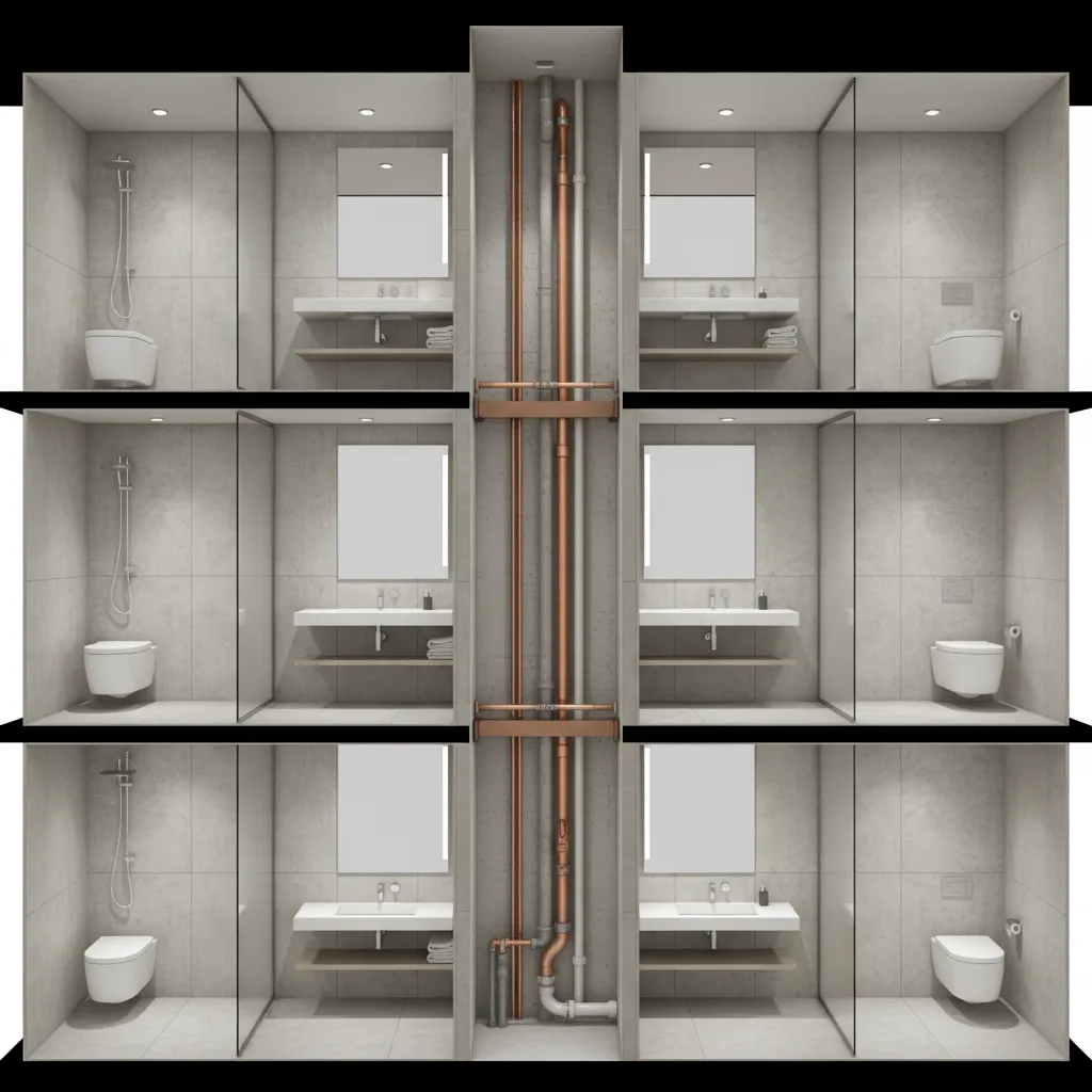 diagram style visualization of shared plumbing walls between hotel bathrooms