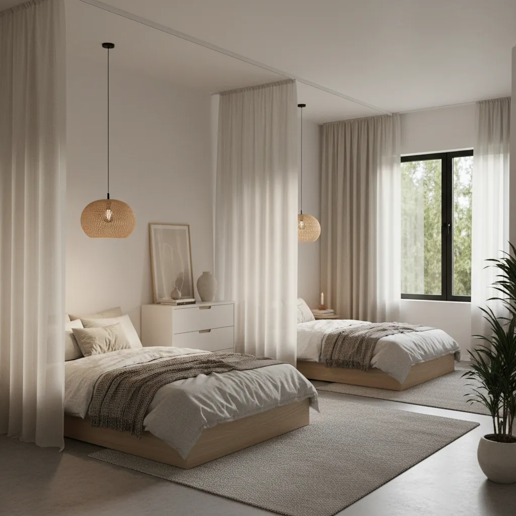 Bedroom with curtain divider creating privacy between family sleeping areas